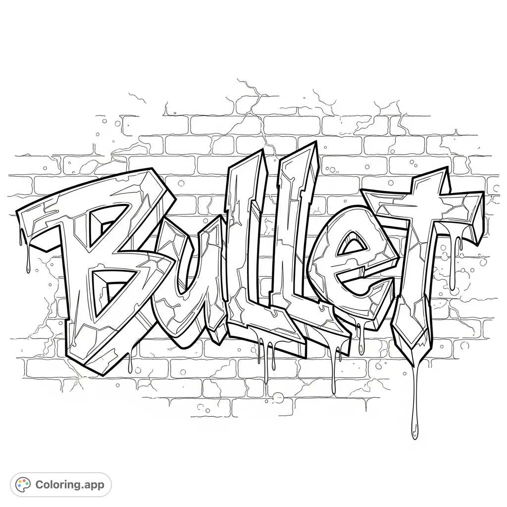 Explore urban art with this dynamic 'Bullet' graffiti coloring page. Features bold letters, sharp outlines, and a textured background for a street art experience.