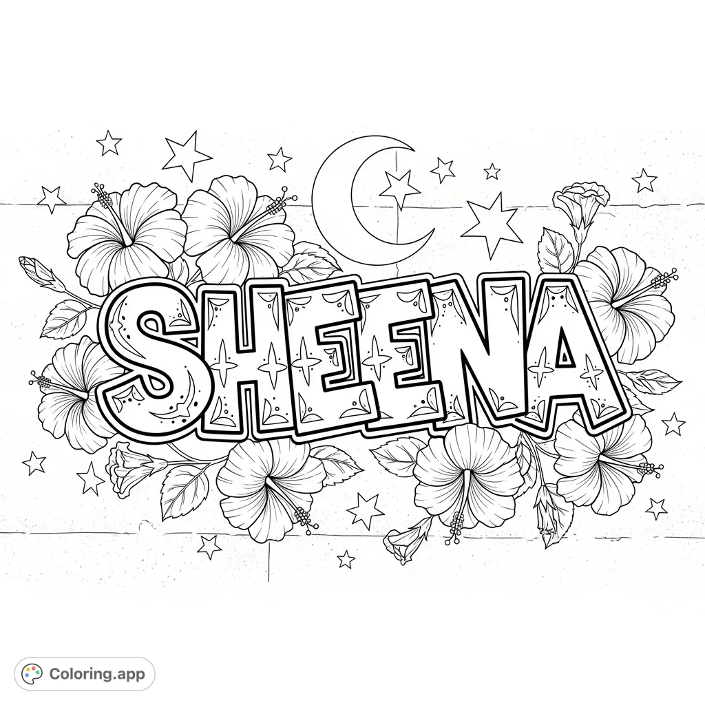 A vibrant graffiti name "Sheena" adorned with intricate hibiscus flowers, sparkling stars, and a crescent moon for a unique, personalized coloring experience.