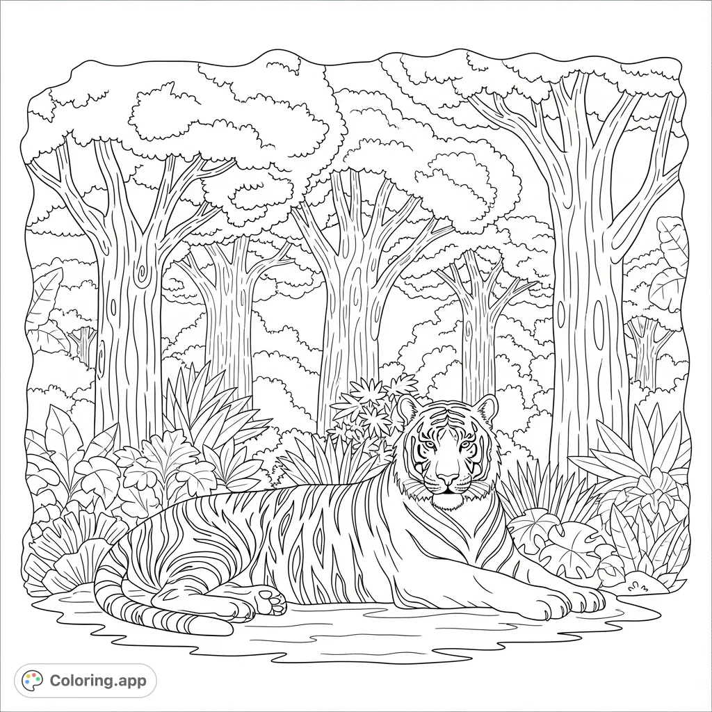 A serene tiger resting peacefully amidst dense jungle trees, perfect for a relaxing coloring escape.