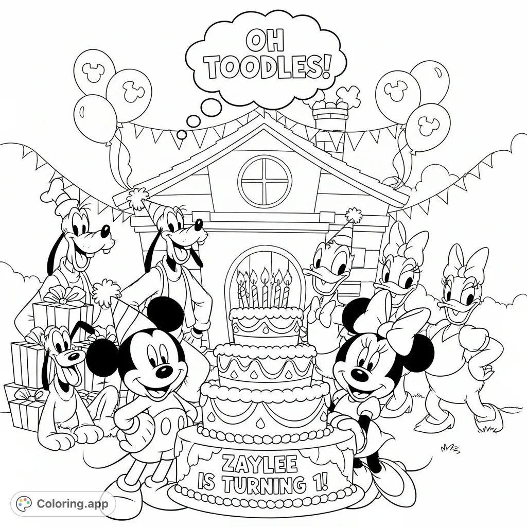 Join Mickey Mouse, Minnie Mouse, and friends celebrating a first birthday inside the decorated Mickey Mouse Clubhouse! Features a multi-tiered cake.