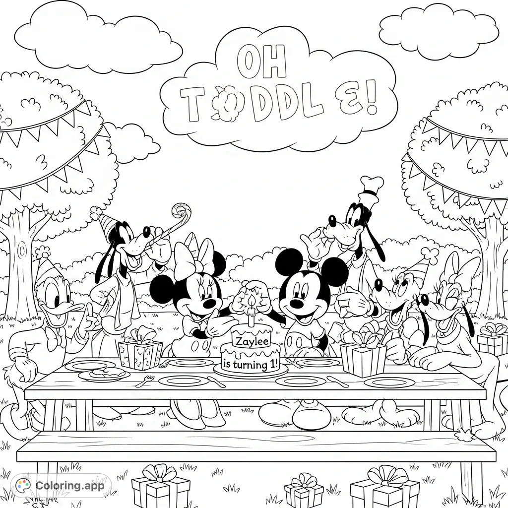 The Mickey Mouse Clubhouse crew celebrates Zaylee's birthday with cake, presents, and cheerful giggles outdoors. A fun Mickey Mouse Clubhouse coloring page.