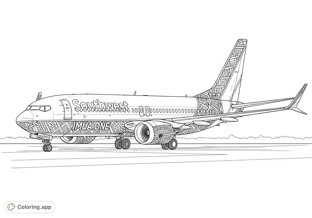 Color this detailed Southwest Airlines Boeing 737 MAX 8, featuring the unique Imua One livery with its intricate cultural designs. A free printable aircraft coloring page.