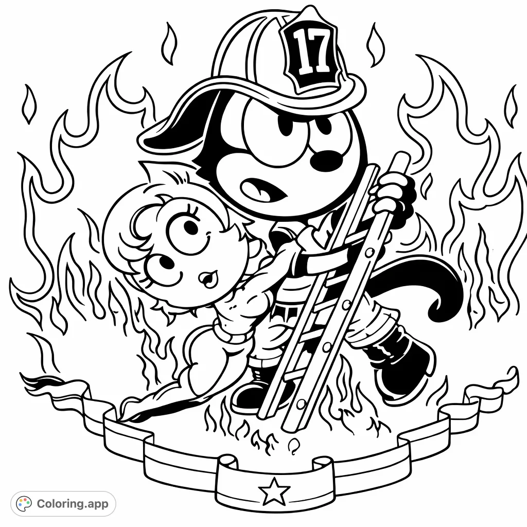 A brave cartoon firefighter rescues a character amidst flames, holding a ladder. A dynamic and heroic scene for imaginative coloring.