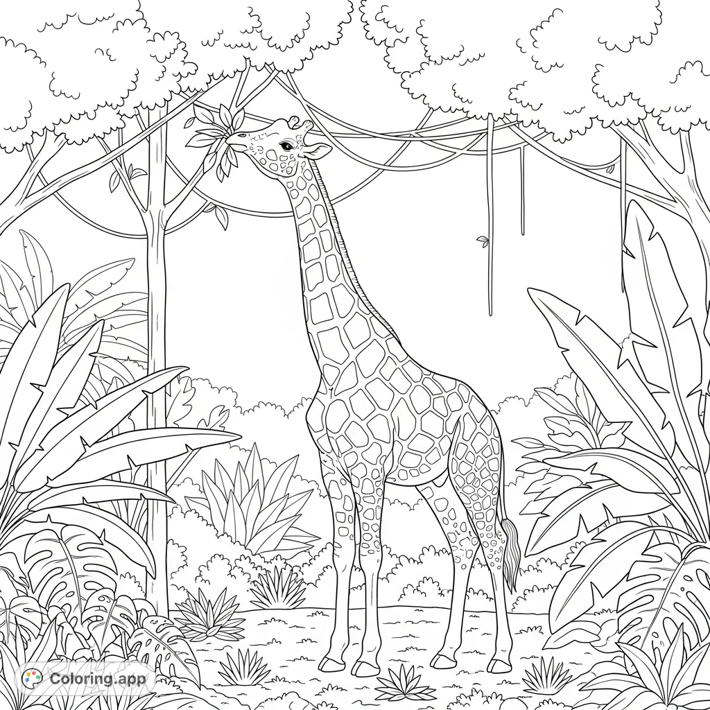 Tall Giraffe Eating Jungle Leaves - Coloring.app
