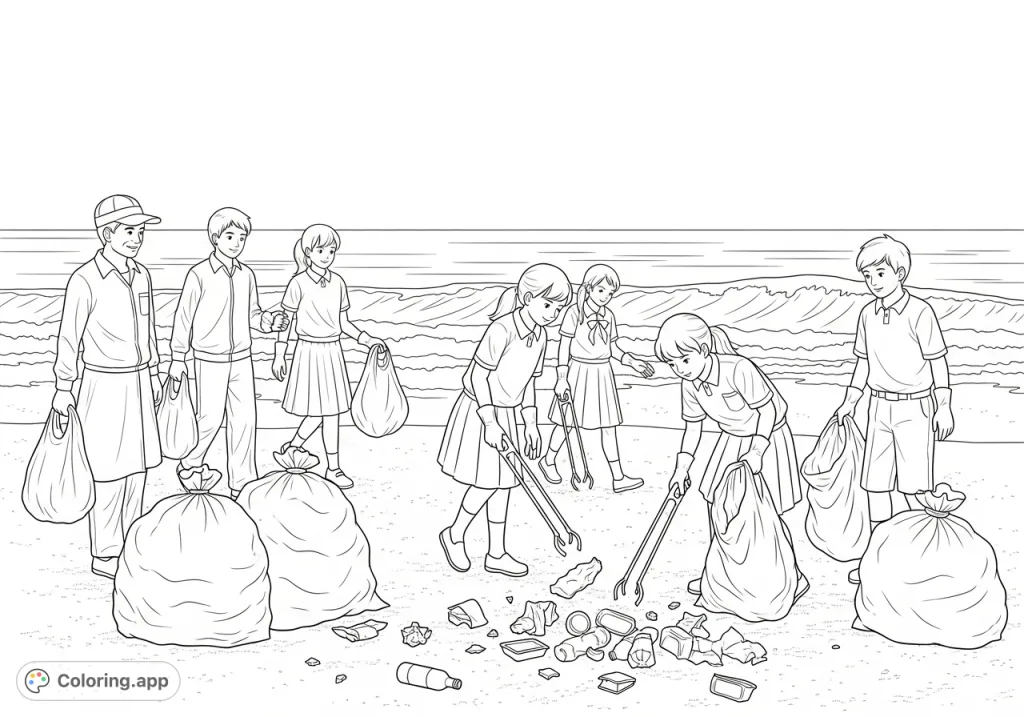 Join a thoughtful beach clean-up scene featuring students and a teacher collecting litter, promoting environmental awareness and community spirit.