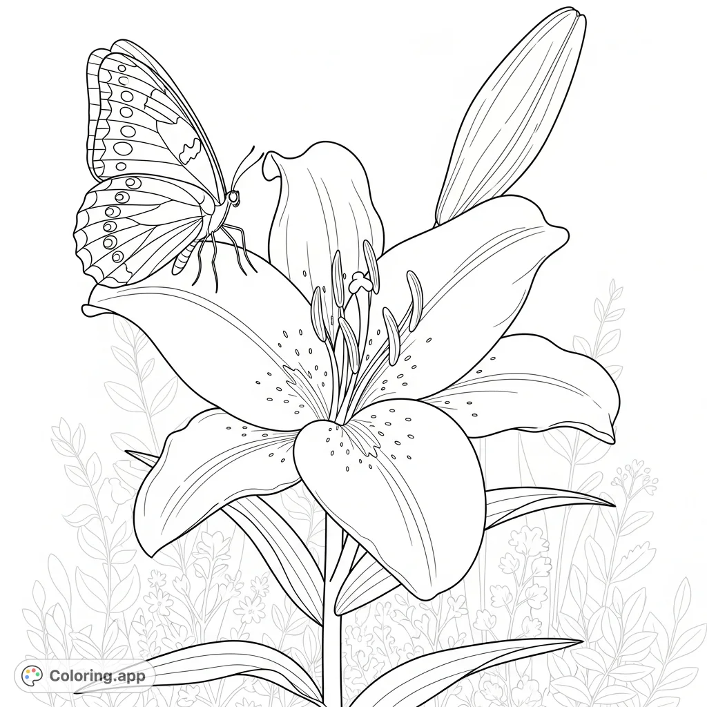 Discover a beautiful lily with a delicate butterfly in a serene garden. This nature-themed coloring page offers intricate details and calming beauty.