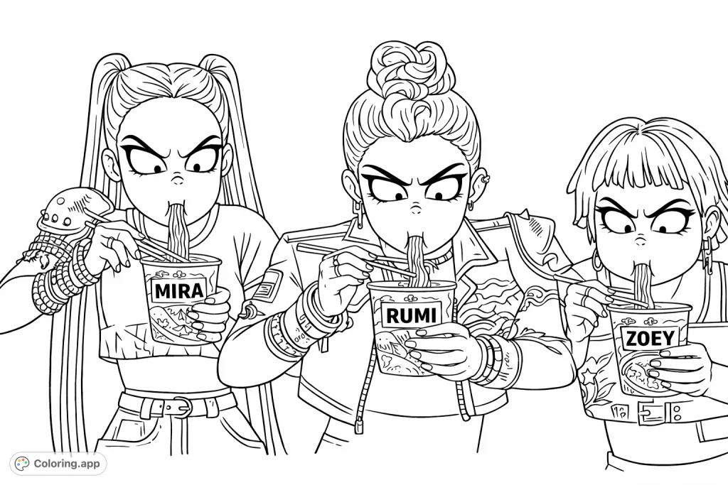 Color this dynamic trio of characters intensely enjoying their noodle feast. Features detailed clothing and expressive faces for a fun, engaging coloring experience.