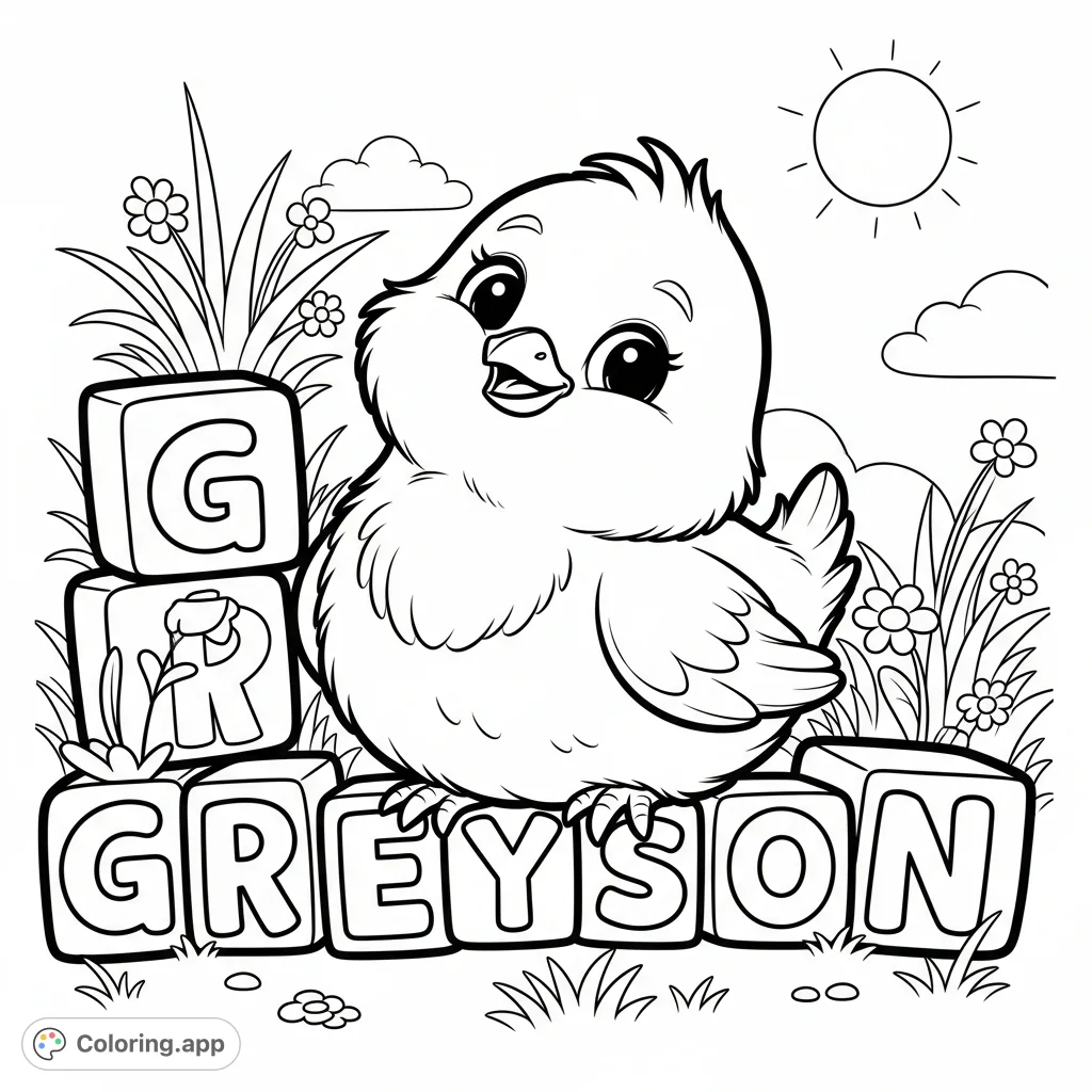 A delightful chicky coloring page featuring an adorable chick and the name "Greyson" amidst a cheerful, simple background, perfect for young artists.
