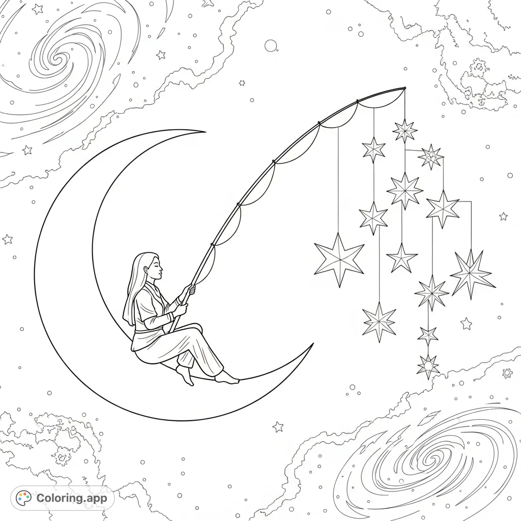 A whimsical scene featuring a person fishing stars from a crescent moon, set against a vast cosmic expanse. Perfect for dreamers and space enthusiasts.