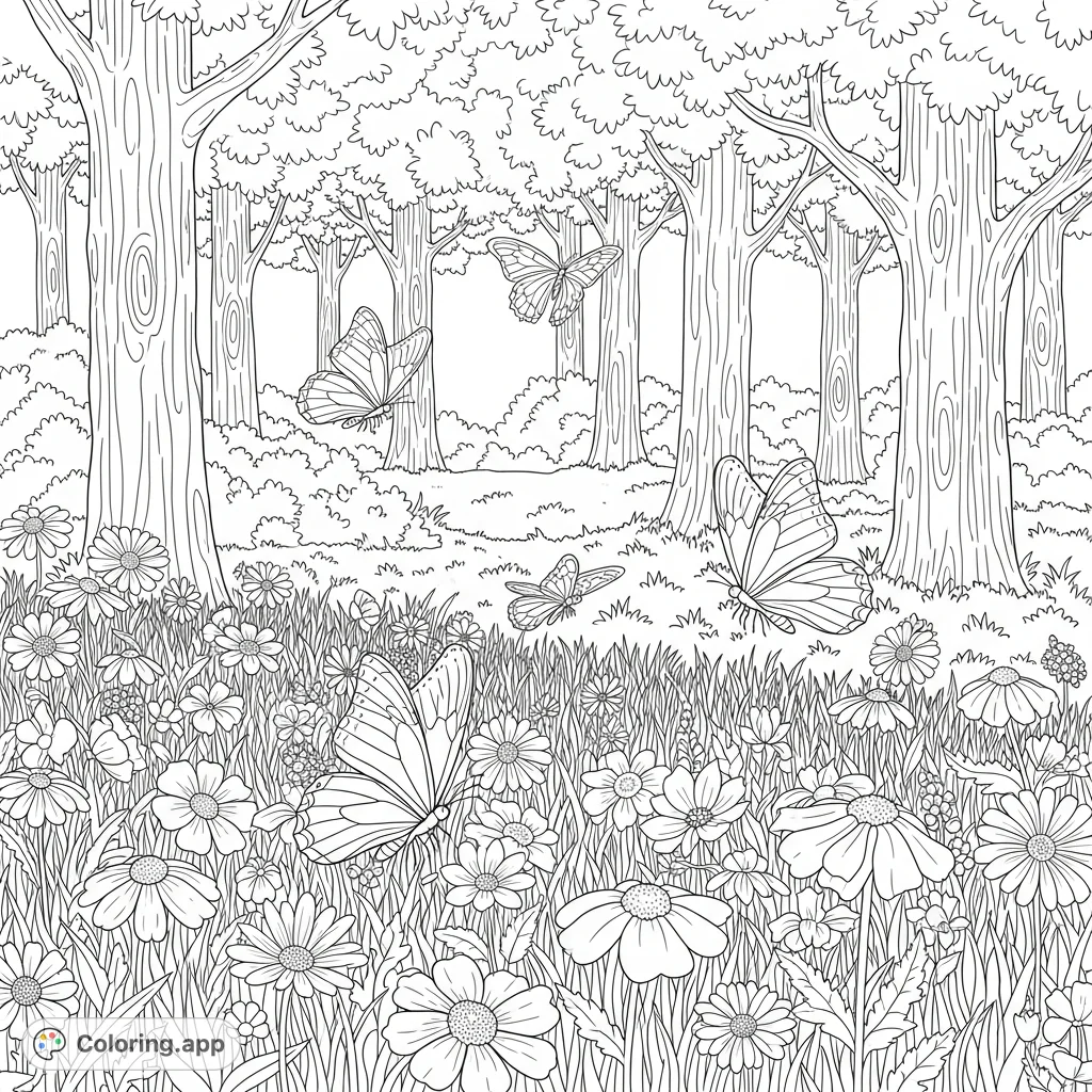 Explore a beautiful forest meadow teeming with delicate wildflowers and graceful butterflies. A tranquil nature scene perfect for a relaxing coloring experience for all ages.