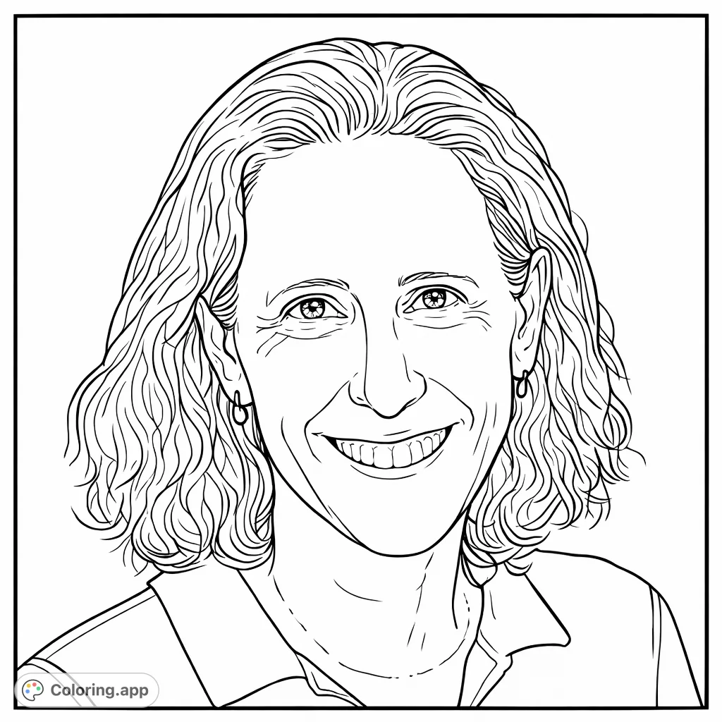 A charming portrait of a smiling woman with wavy hair, perfect for a relaxing coloring session. Explore different tones and textures.