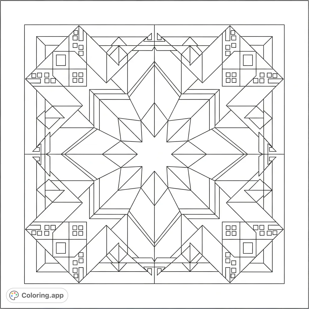 Explore a mesmerizing geometric star pattern featuring a central eight-pointed star, radiating triangles, and subdivided corner squares within a prominent border.
