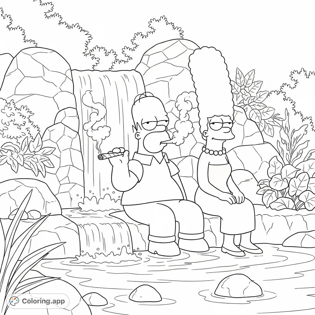A humorous adult coloring page featuring Homer and Marge Simpson relaxing by a waterfall, sharing a blunt. Perfect for fans to unwind and get creative.