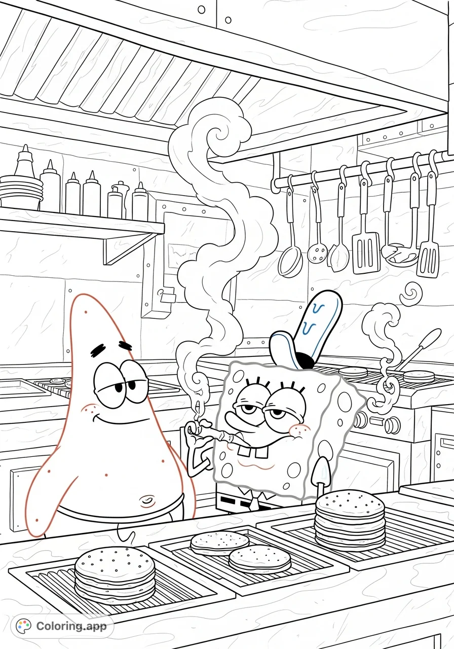 A unique Spongebob and Patrick coloring page depicting them enjoying a relaxed moment with a hand-rolled item in the Krusty Krab kitchen. A mischievous take on fan-favorite characters.