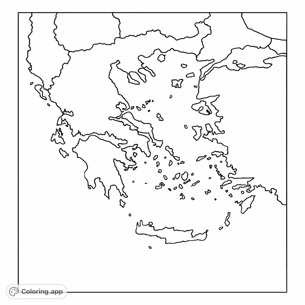 Explore the intricate geography of Greece with this detailed map coloring page, featuring its unique mainland and numerous surrounding islands.