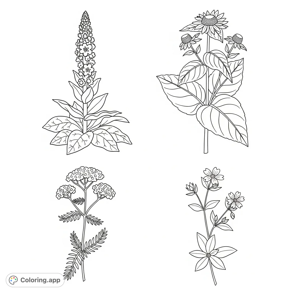 Discover a free printable botanical herbs coloring page featuring mullein, elecampane, yarrow, and chickweed. Perfect for plant enthusiasts!