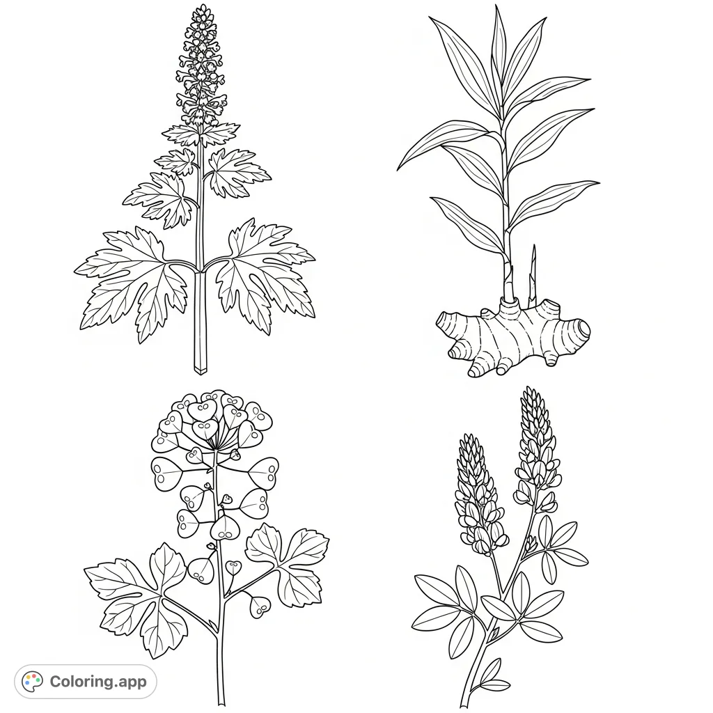 Discover detailed outlines of Motherwort, Ginger, Shepherd's Purse, and Alfalfa in this botanical illustration coloring page. Perfect for plant enthusiasts.
