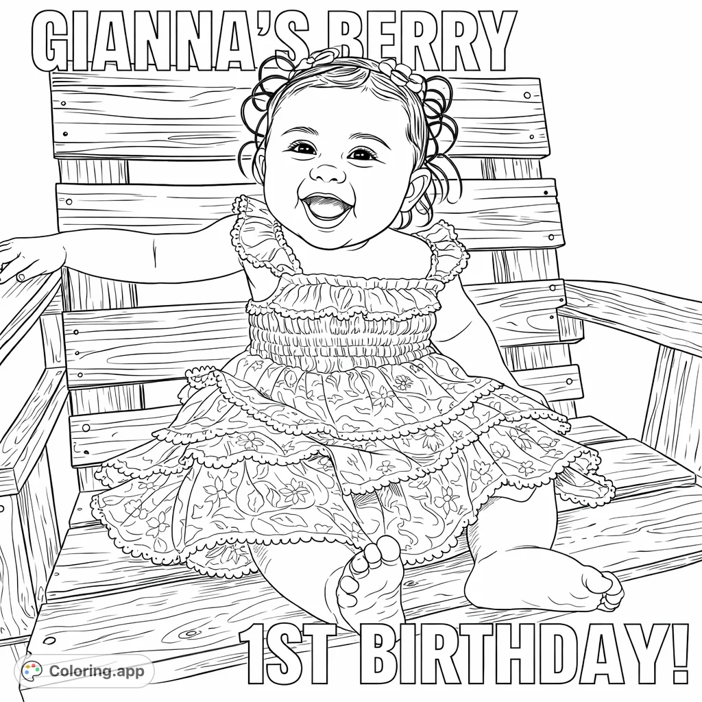 A cheerful baby with a wide smile sits in a wooden chair, wearing a floral ruffled dress. Perfect for celebrating special milestones and memories.