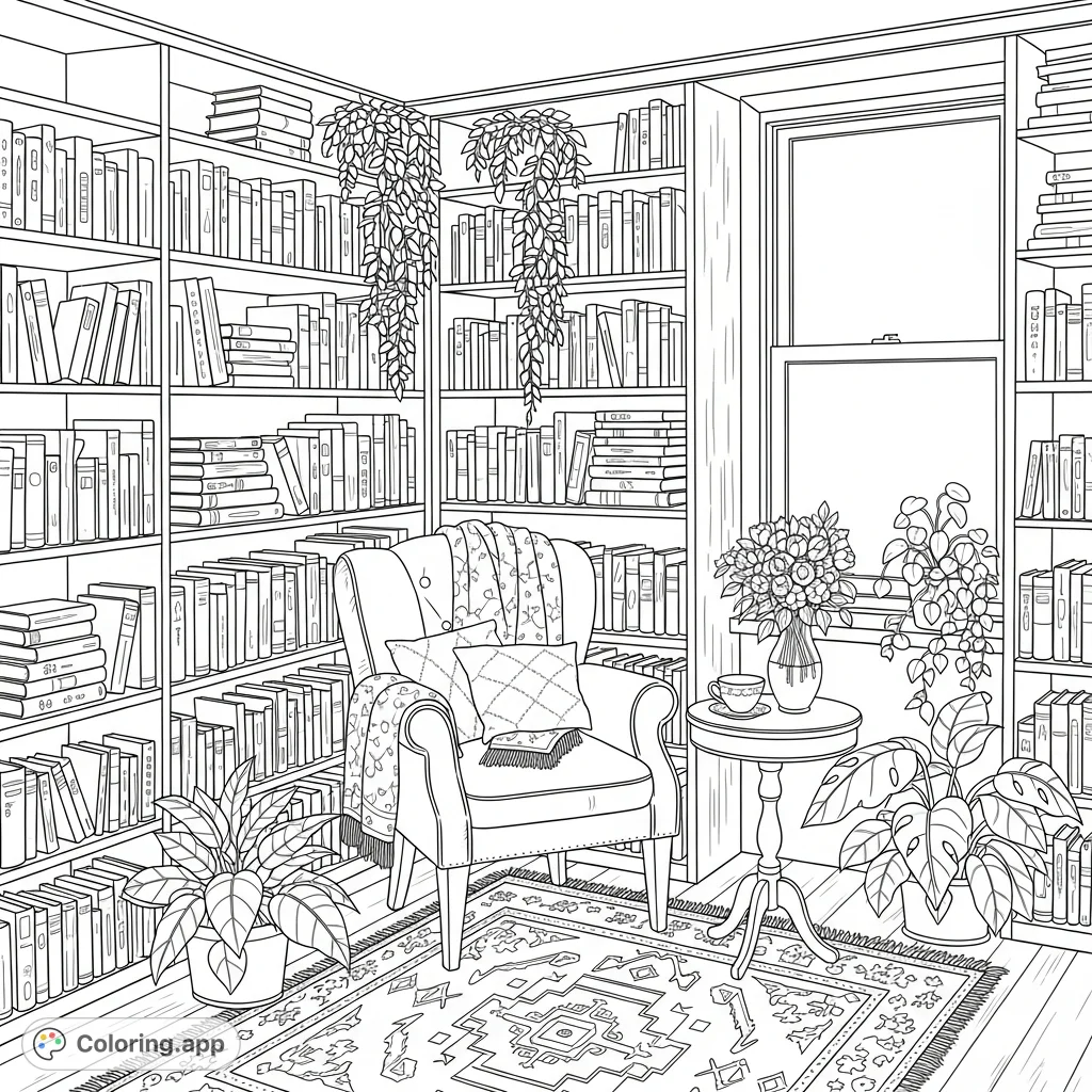 Explore a charming small library interior, packed with books, elegant decor, and lush plants. A perfect, detailed scene for an immersive coloring experience.
