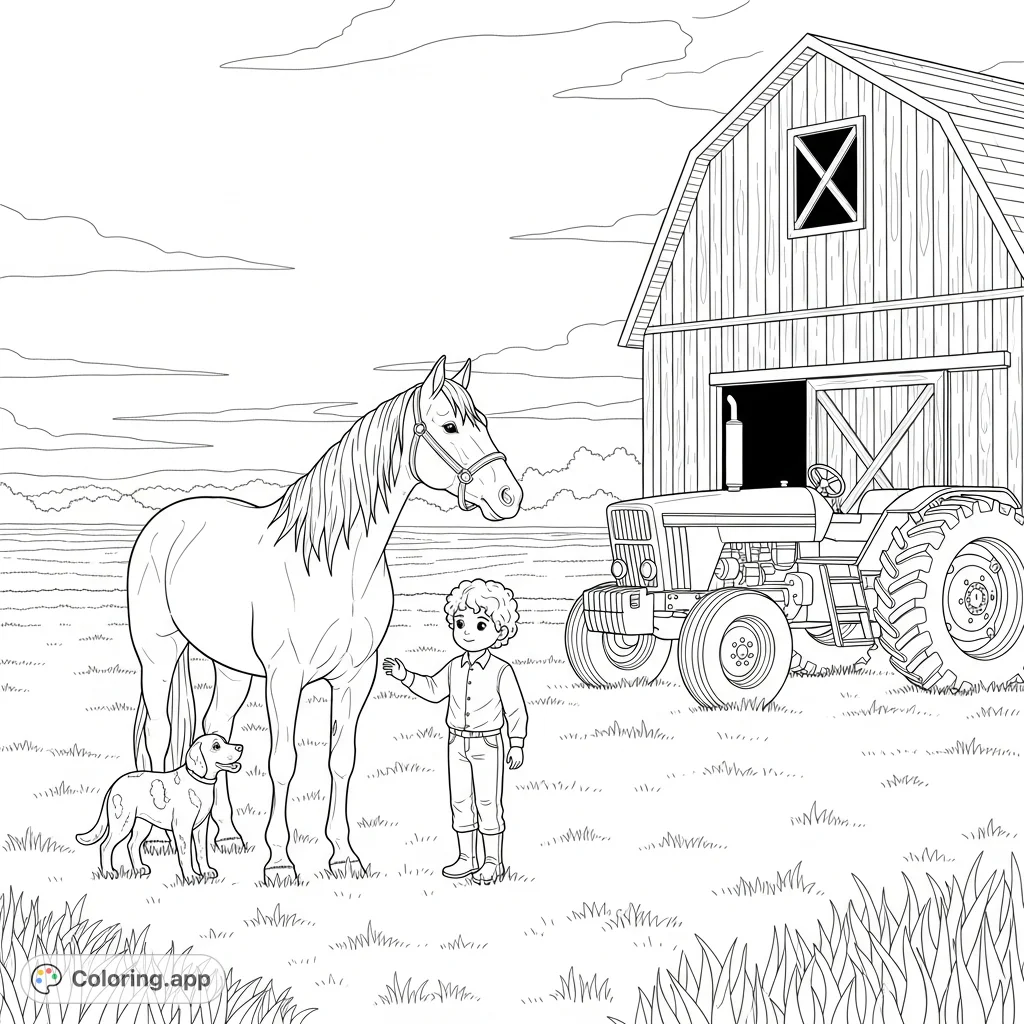 Discover a heartwarming farm scene featuring a horse, a boy, his dog, a tractor, and a barn. Perfect for a cozy coloring adventure.