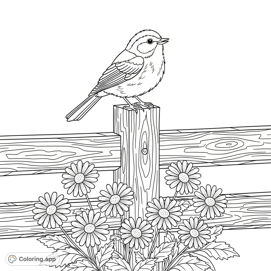 A charming songbird perches on a rustic wooden fence, surrounded by cheerful daisies. A delightful spring scene perfect for easy coloring fun.