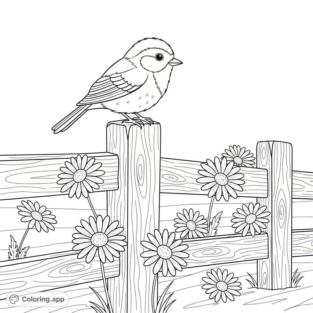 A delightful bird perches on a rustic fence adorned with charming daisies, creating a serene springtime scene. Perfect for a relaxing and artistic escape.