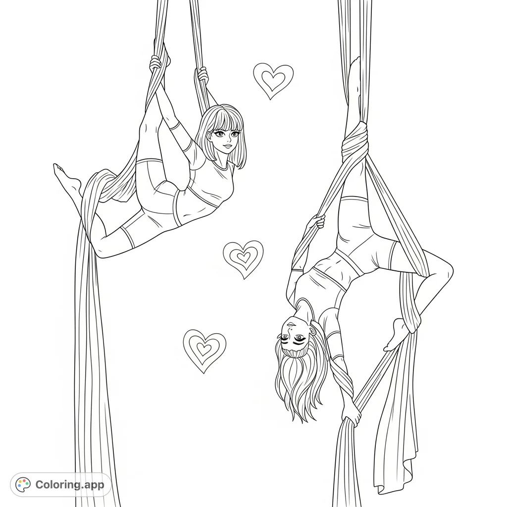 Dynamic gymnastics coloring page featuring two girls performing aerial tricks on silks. A captivating scene for sports enthusiasts and aspiring acrobats.