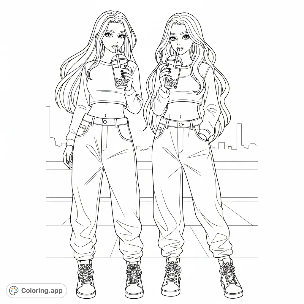 A modern coloring page featuring two stylish young women with long hair, crop tops, baggy jeans, and sneakers, each enjoying a refreshing bubble tea.