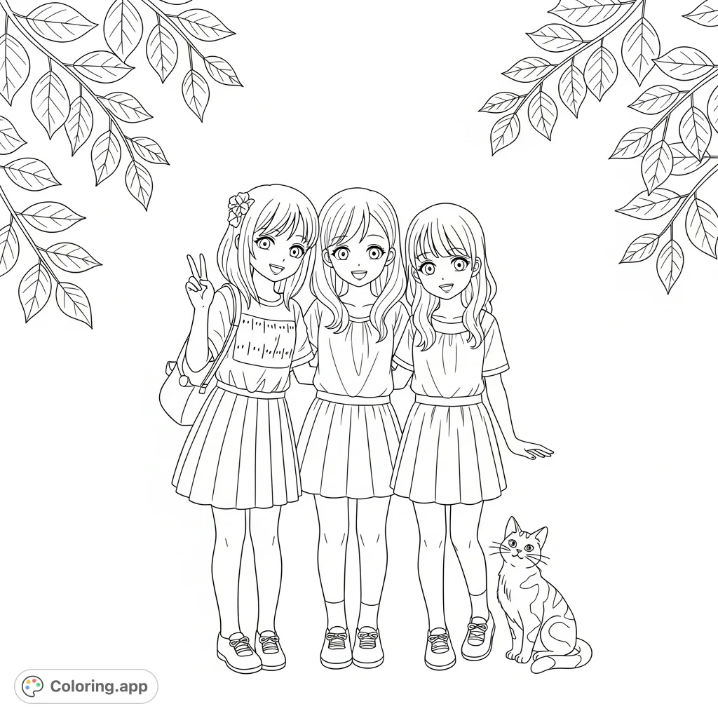 A delightful coloring page featuring three cheerful girls and their patterned cat, surrounded by natural leafy branches. Perfect for creative expression!