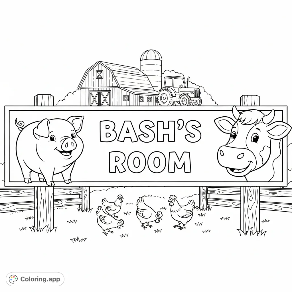 A charming, personalized "Bash's Room" sign featuring friendly farm animals like a pig, cow, and chickens, alongside a barn and tractor.