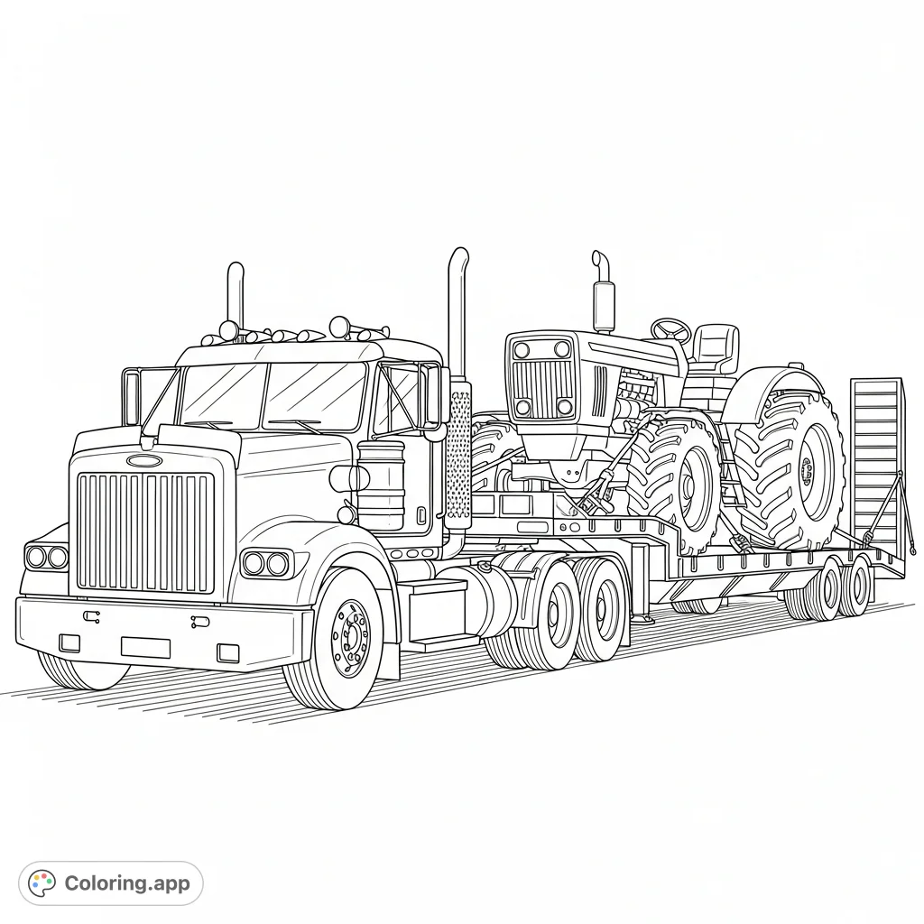 A detailed transport truck with a flatbed trailer carries a sturdy tractor. Perfect for vehicle enthusiasts, this free printable transport truck coloring page offers robust detail.