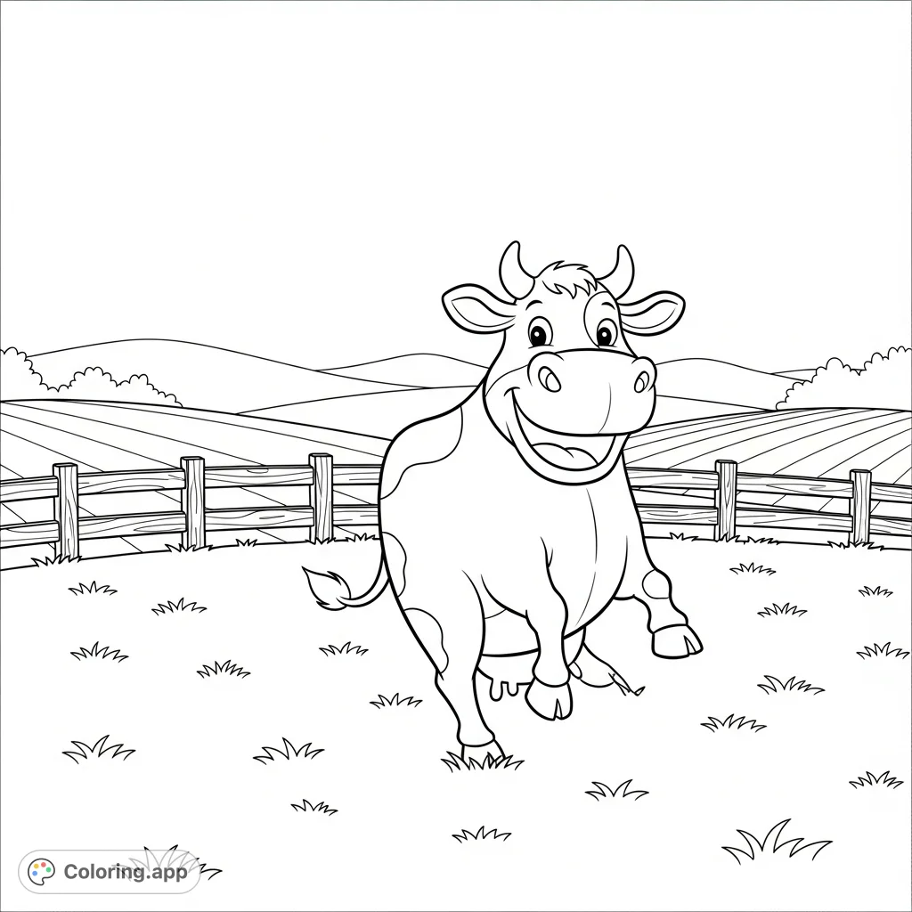 A delightful cow coloring page featuring a smiling farm animal playing in a pasture, perfect as a free printable activity for kids and adults.