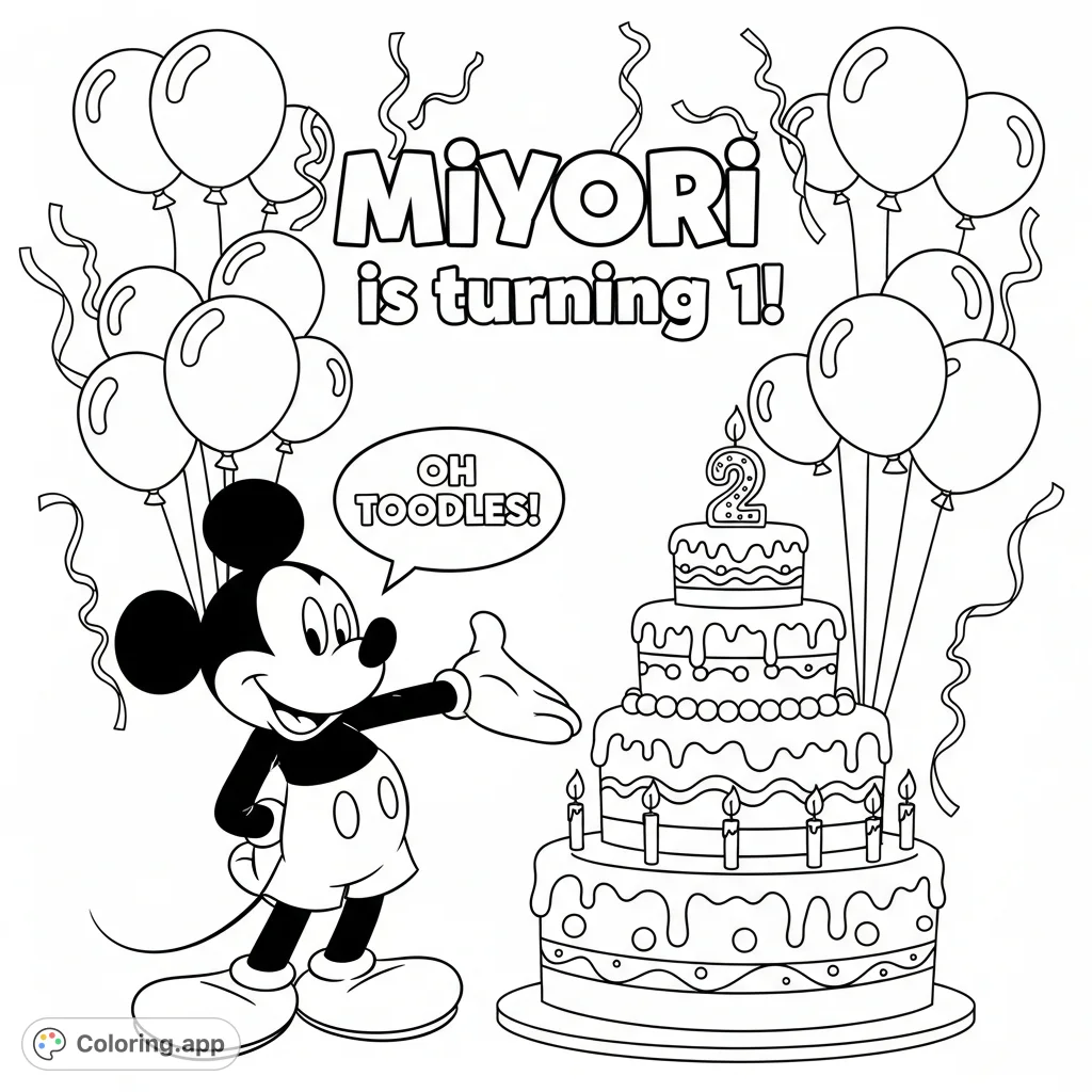 Join Mickey Mouse in a festive scene featuring a multi-tiered birthday cake, balloons, streamers, and special messages, perfect for a joyful celebration.