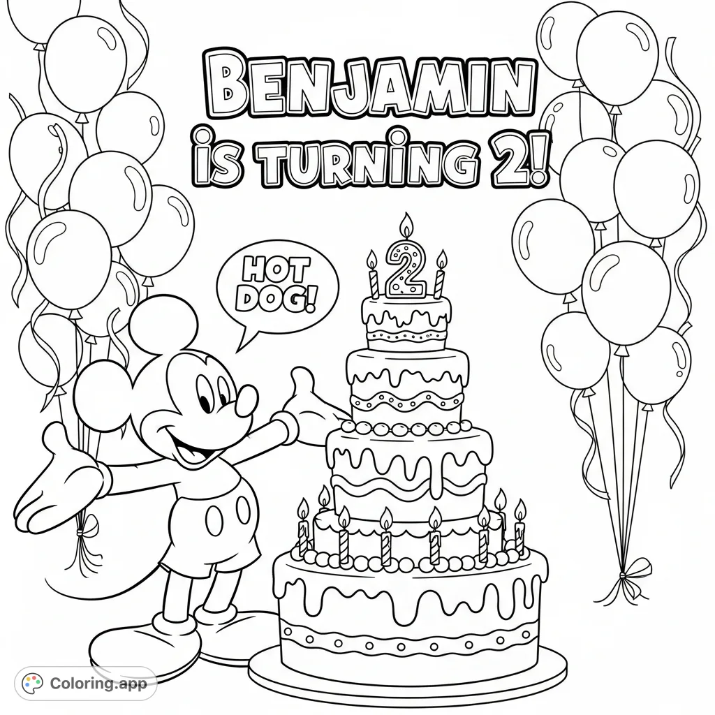 Join Mickey Mouse in celebrating a special 2nd birthday! A multi-tiered cake, balloons, streamers, and bold text create a festive scene for coloring fun.