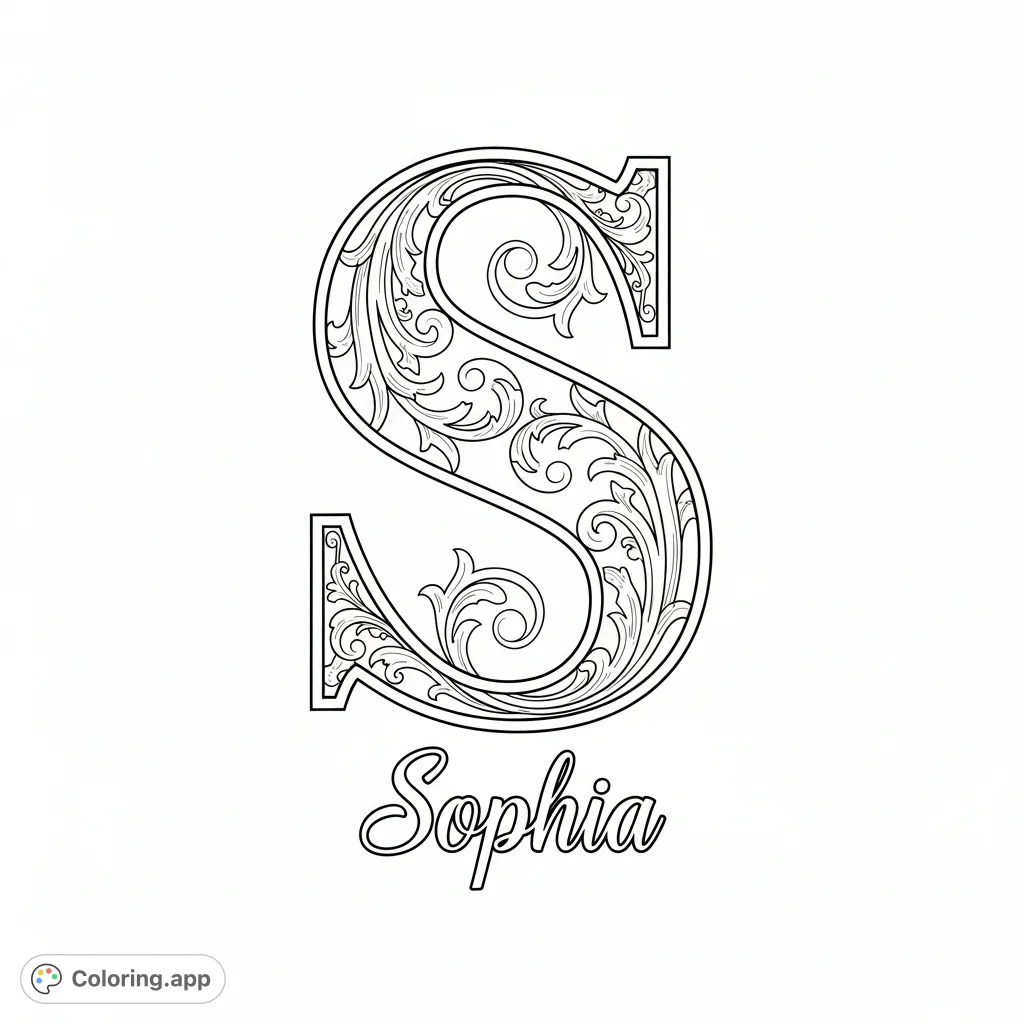 Personalize your creativity with this beautiful S monogram coloring page. Features an ornate letter 'S' and the name 'Sophia' in graceful script.