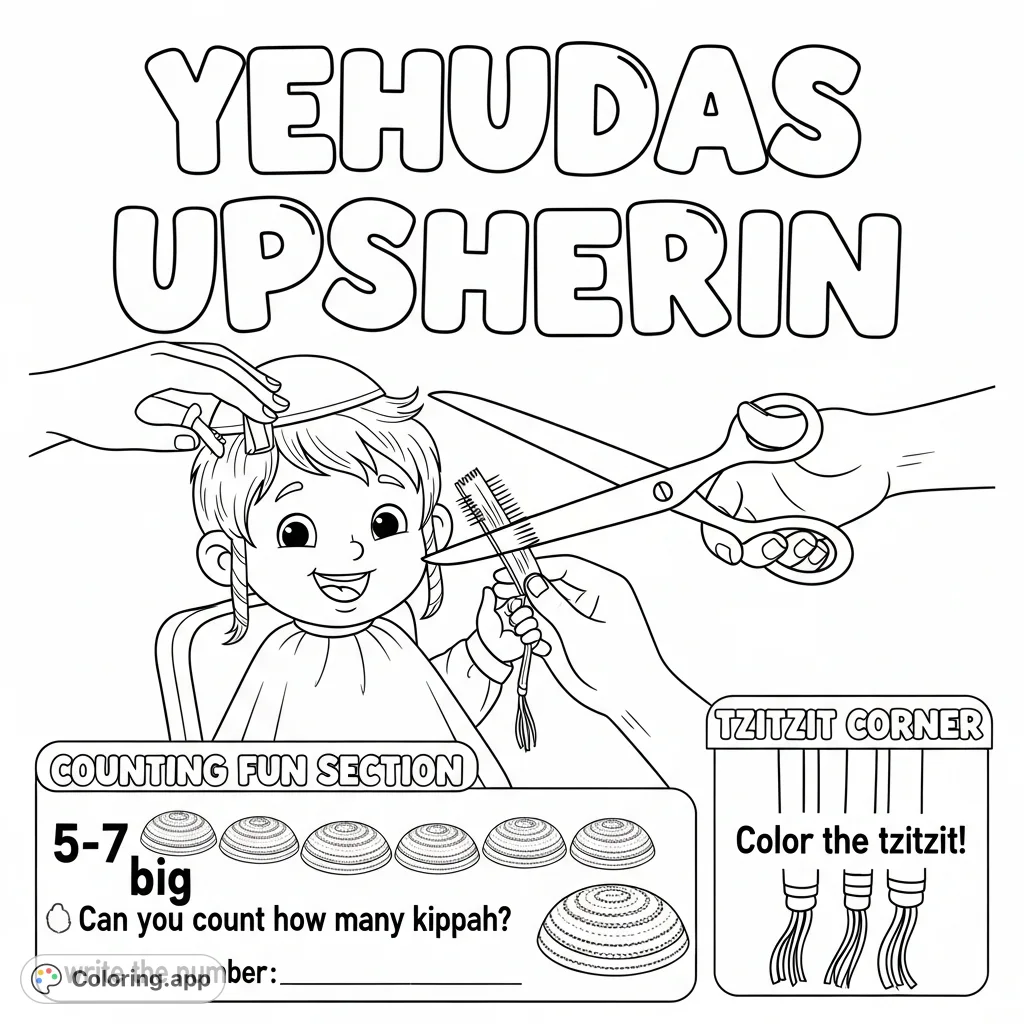 Celebrate a first haircut with this special Upsherin coloring page. Features a happy boy, "Yehudas Upsherin" text, and fun counting activity.