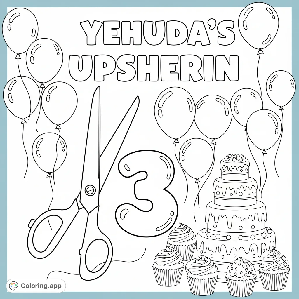 A festive Upsherin coloring page featuring "Yehuda's Upsherin" text, large scissors, the number 3, celebratory balloons, and delightful cakes and cupcakes.