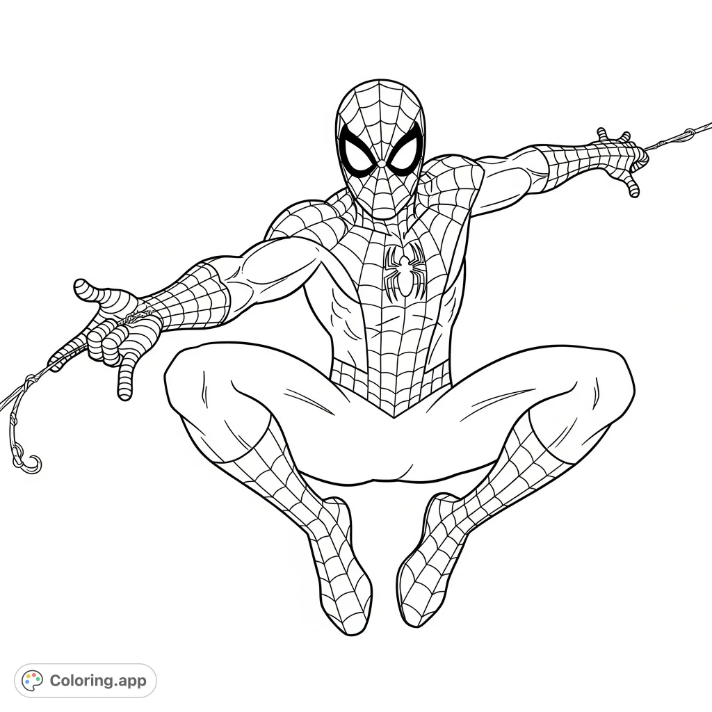 Swing into action with this Spider-Man coloring page, featuring the hero in a dynamic mid-air pose, complete with his iconic suit and detailed web patterns.