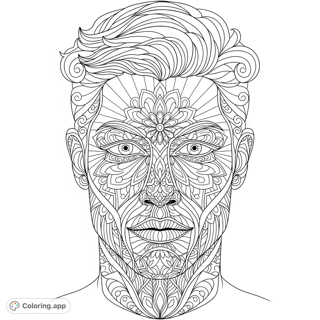 An intricate mandala face coloring page featuring a handsome man's portrait composed of detailed, symmetrical geometric and floral patterns. Perfect for mindfulness.