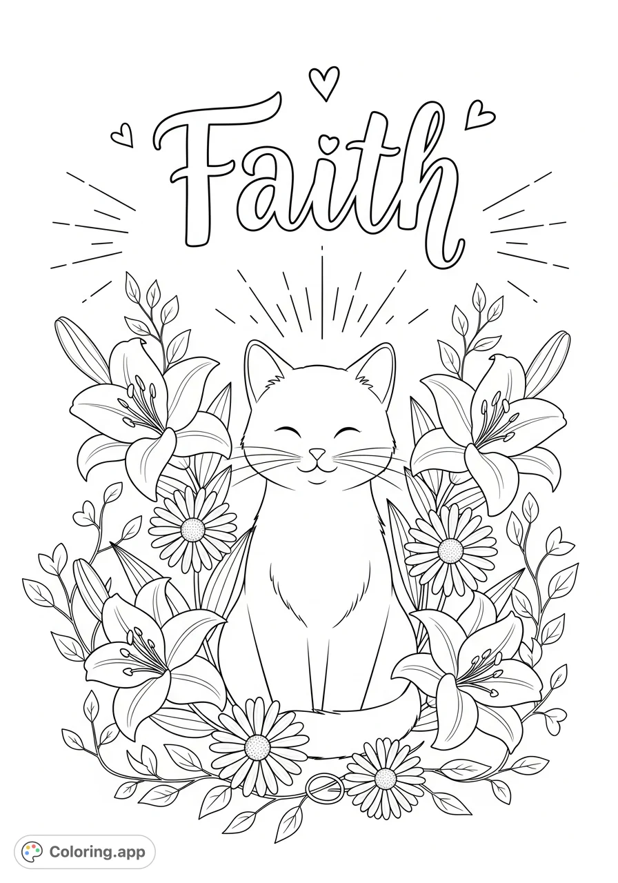 A serene scripture coloring page featuring a gentle cat nestled among lilies and daisies, with the elegant word 'Faith' and spiritual embellishments.