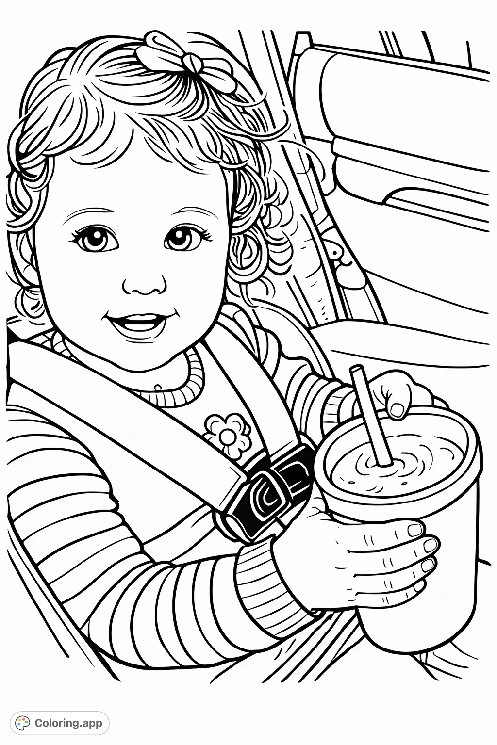 A cheerful child in a car seat holds a refreshing drink, ready for adventure. This cartoony design is perfect for young colorists.