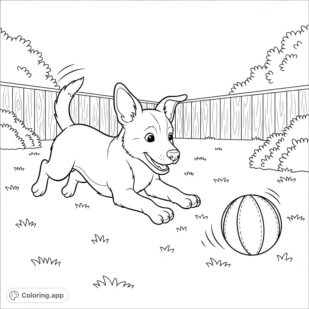 An energetic pet dog playfully chases a textured ball across a grassy yard, with ears perked and tail wagging. A fun, free printable coloring page!