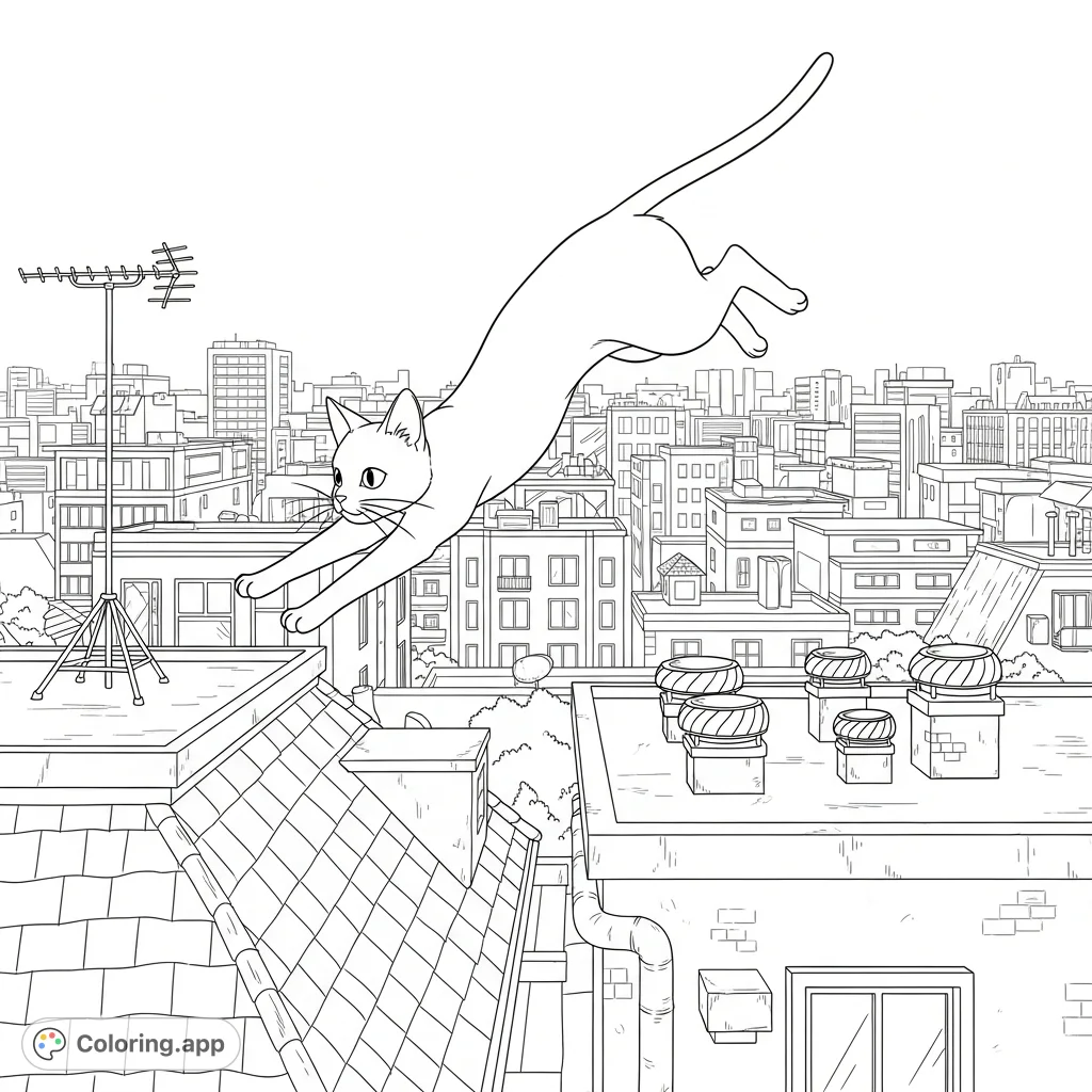 An agile anime cat gracefully jumps across city rooftops, surrounded by antennas and a bustling urban skyline. A dynamic coloring page.