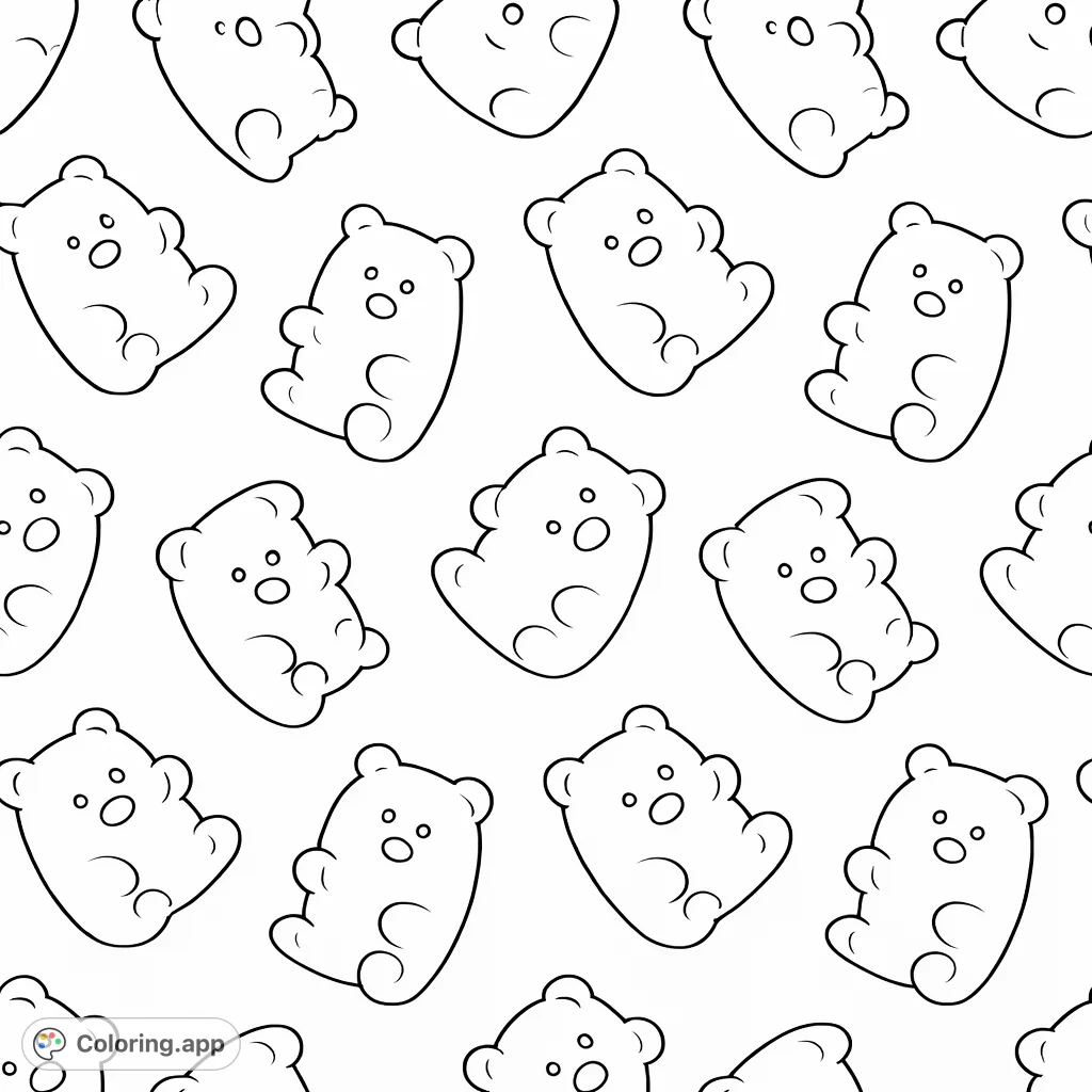 Discover a delightful pattern of cute gummy bears, perfect for a sweet and fun coloring experience. A charming, free printable gummy bear coloring page.