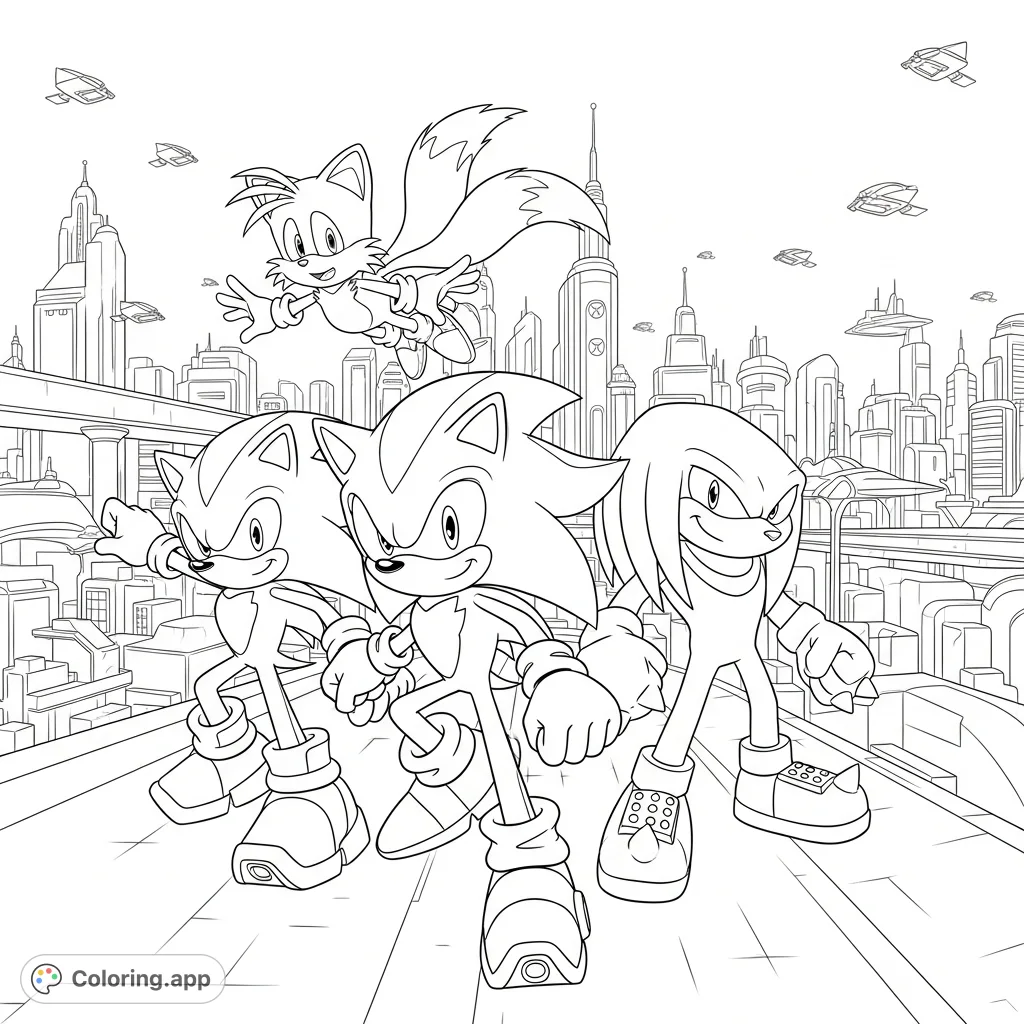 Sonic, Shadow, Tails, and Knuckles from Sonic 3 leap into action amidst a futuristic cityscape, ready for fun and to fight.
