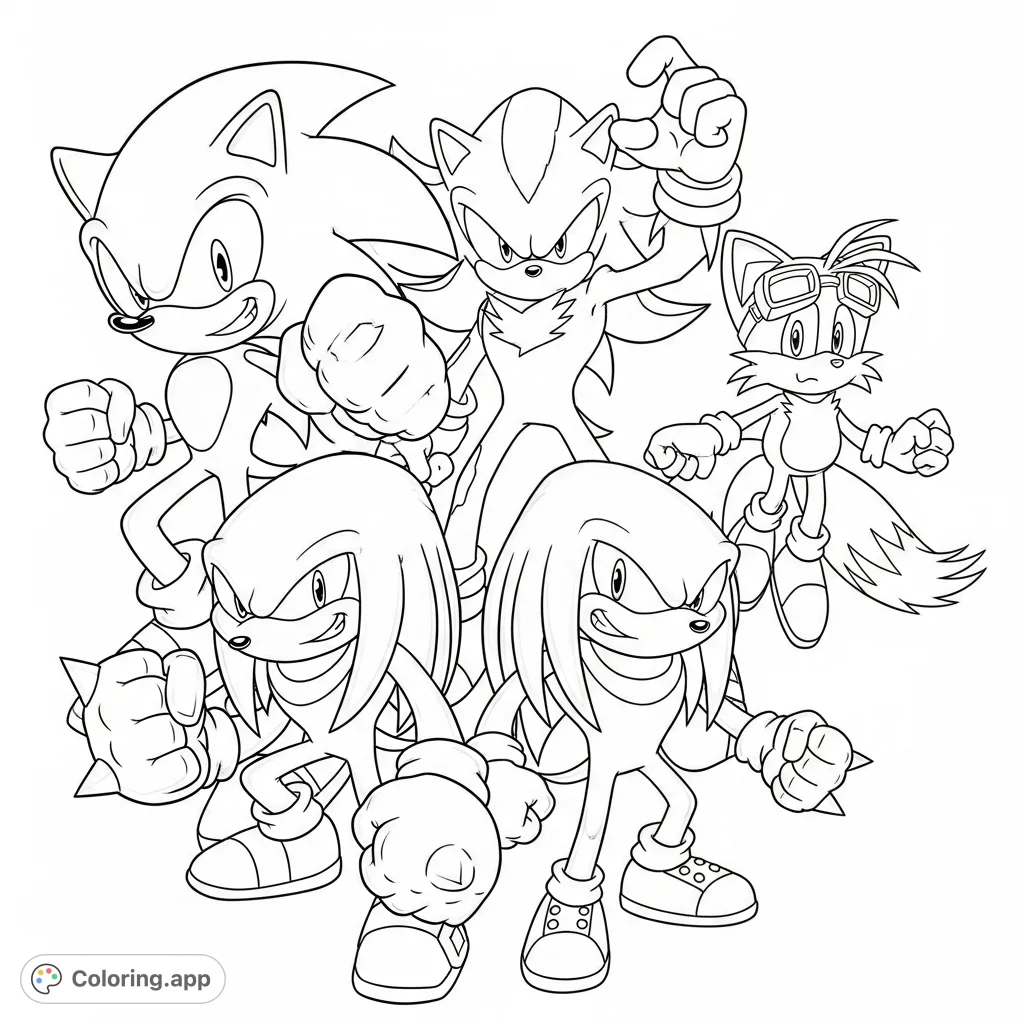 An action-packed Sonic the Hedgehog coloring page featuring Sonic, Shadow, Knuckles, and Tails in dynamic, detailed poses from the live-action movie, ready for adventure.
