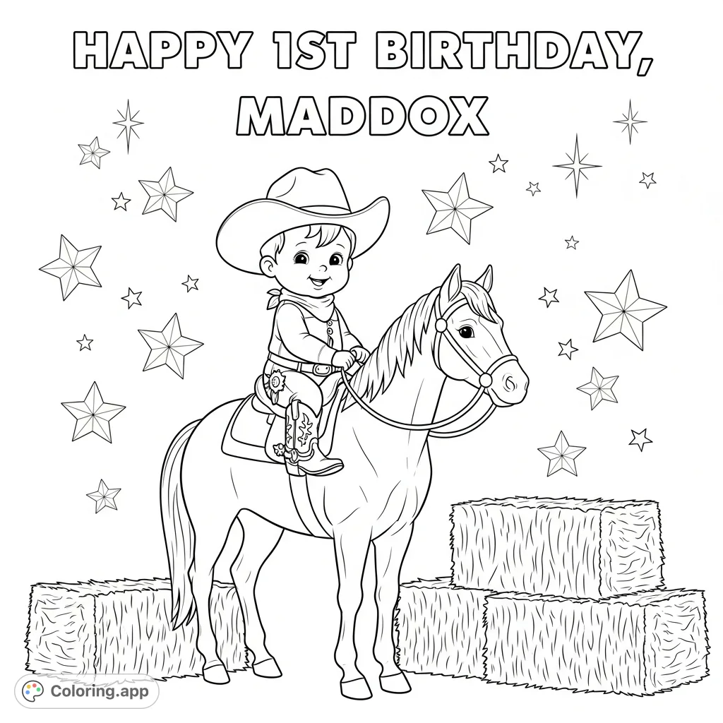 Celebrate Maddox's first birthday with this whimsical baby cowboy and his gentle horse amidst hay bales and twinkling stars. A delightful western-themed coloring page.