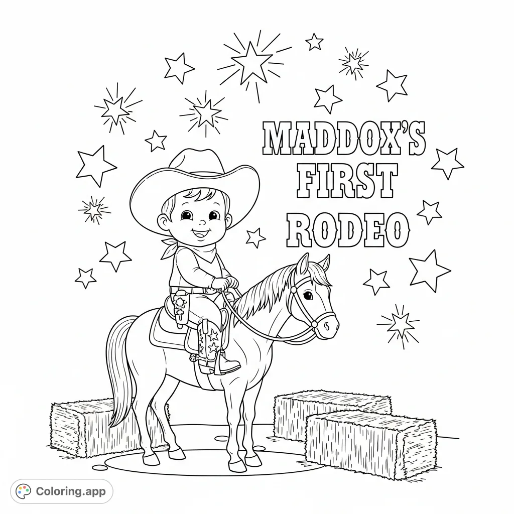 A cheerful baby cowboy on a gentle horse, surrounded by hay and twinkling stars, celebrating "MADDOX'S FIRST RODEO". A whimsical western adventure for young colorists.
