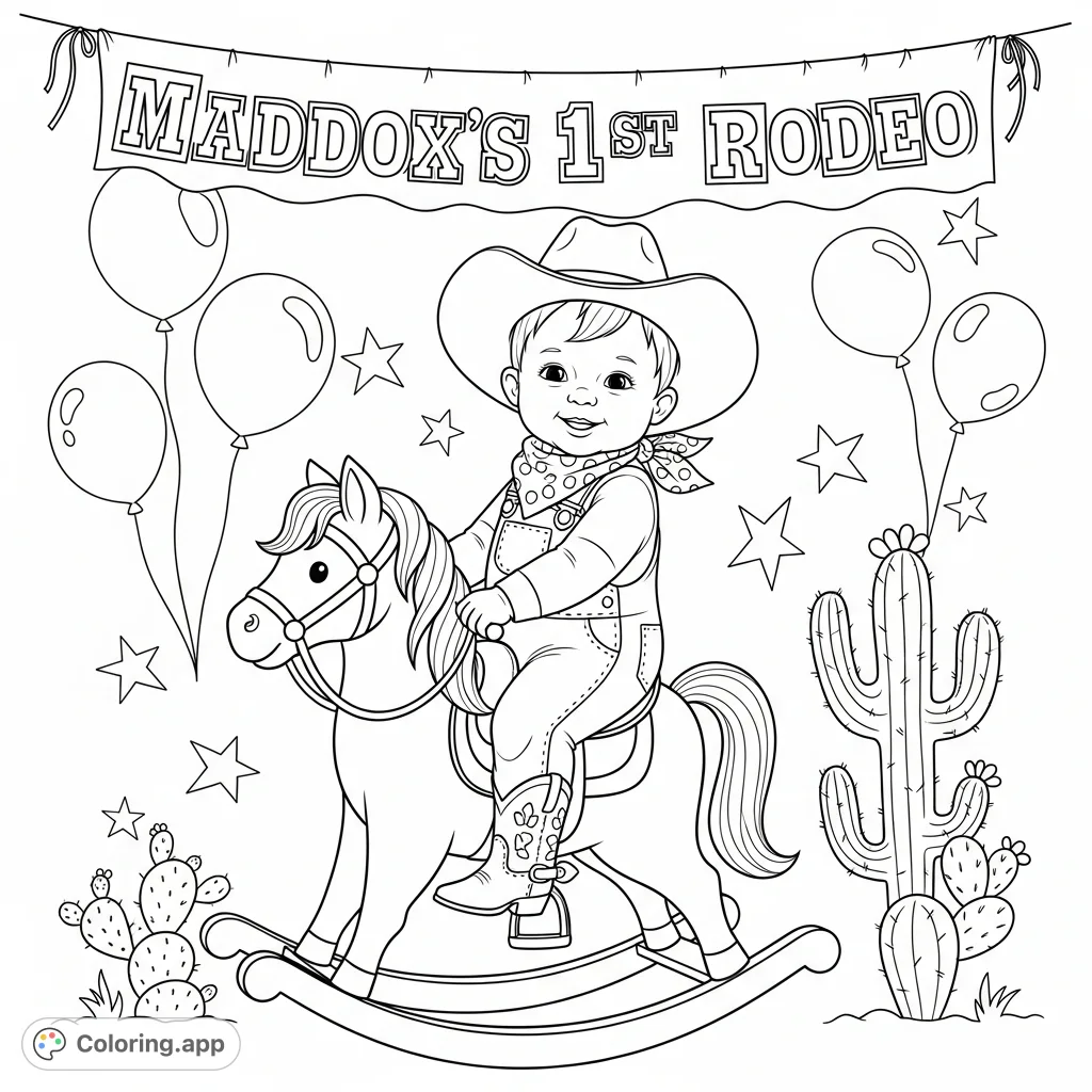 A cheerful baby boy in cowboy gear rides a rocking horse, beneath a "Maddox’s 1st Rodeo" banner, surrounded by festive balloons, stars, and a cactus.
