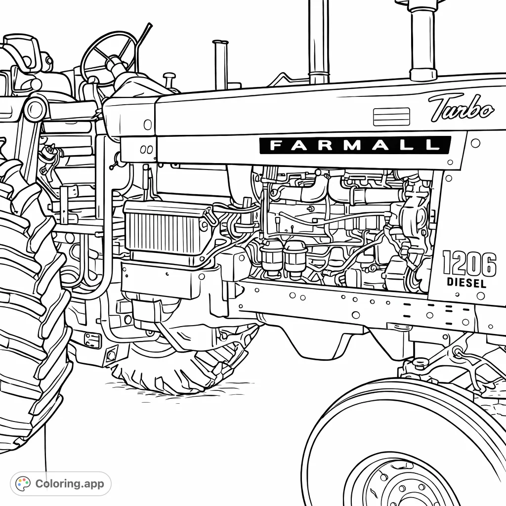 Capture the rugged charm of a classic Farmall tractor. This detailed coloring page features mechanical precision, large wheels, and iconic agricultural design, perfect for enthusiasts.